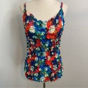 NWT Trendy Y2K Popcorn Top Spaghetti Strap Blue Red Floral Watercolor SIZE: OS